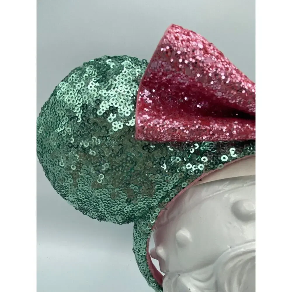 Genuine Disney Park Sequin Mint Green Ears Pink Bow Minnie Mickey Mouse Headband
